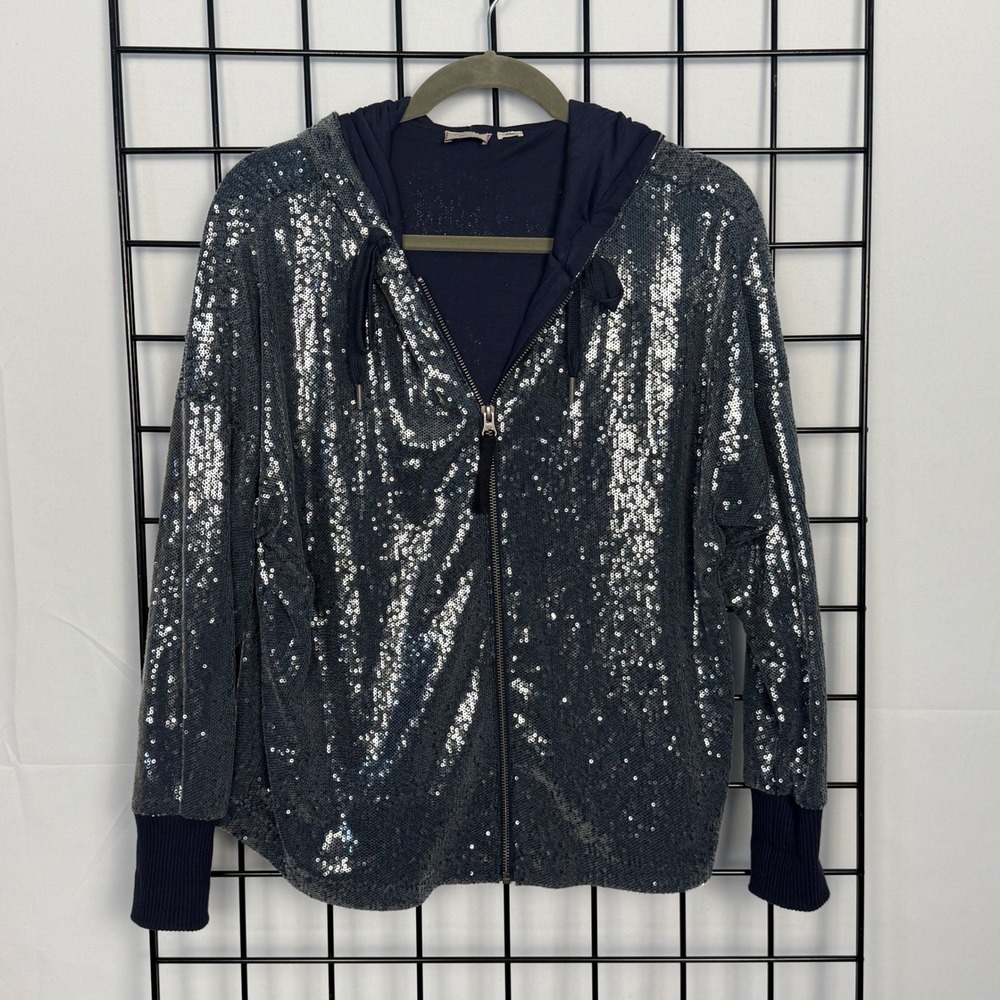 Anthropologie Postmark Sequins Jacket Womens‎ Small Blue Pewter Hooded Full Zip